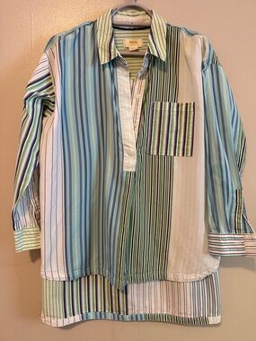 Anthropologie Multi-Striped Button-Down Shirt in Blue, Green, White